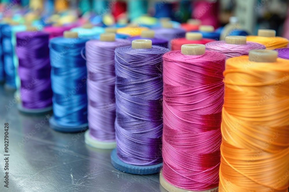 Poster a row of colorful spools of thread are displayed on a table. the spools are arranged in a rainbow pa