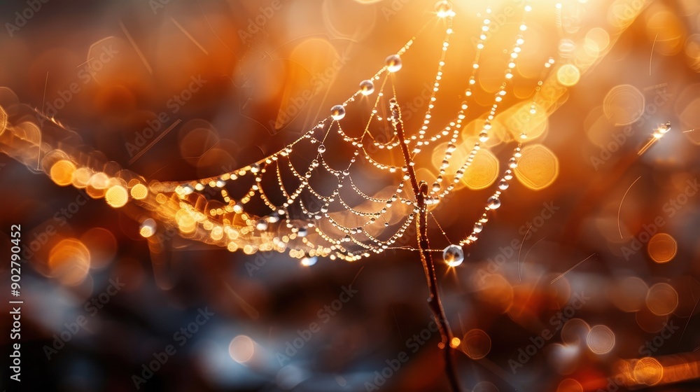 Poster the image features a spider web adorned with dew drops glistening in the warm evening light, creatin