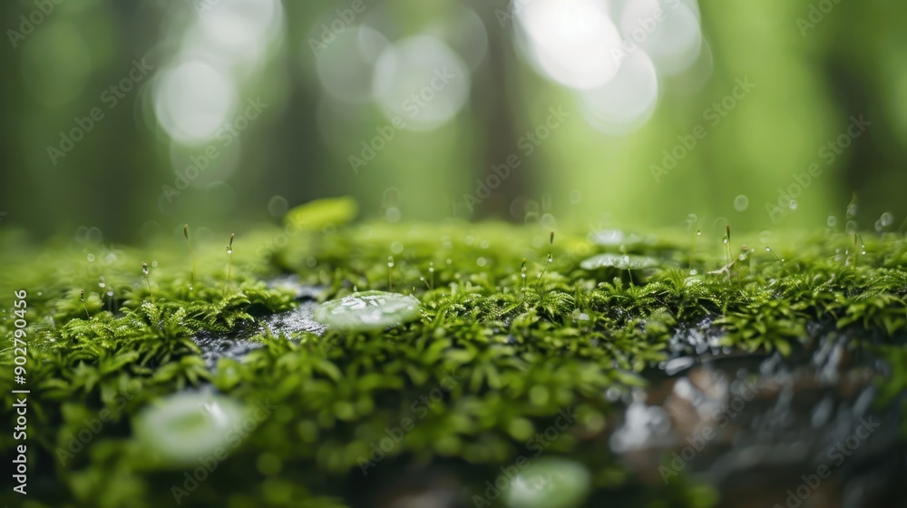 Poster this image depicts a close-up view of green moss growing on a log with tiny plants, highlighted by a