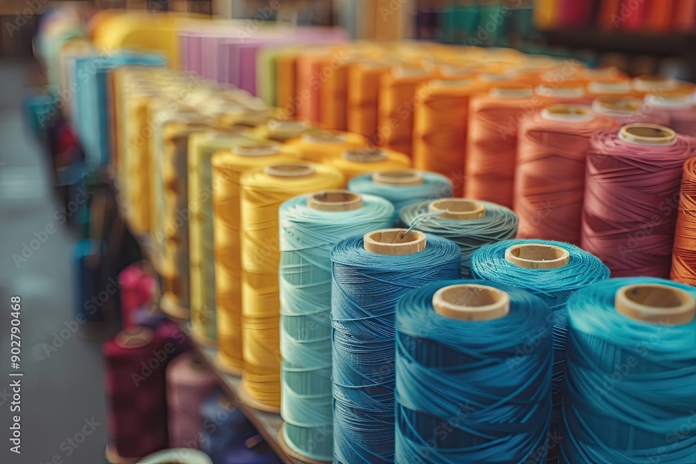 Poster a row of colorful spools of thread are displayed on a shelf. the spools are of various colors, inclu