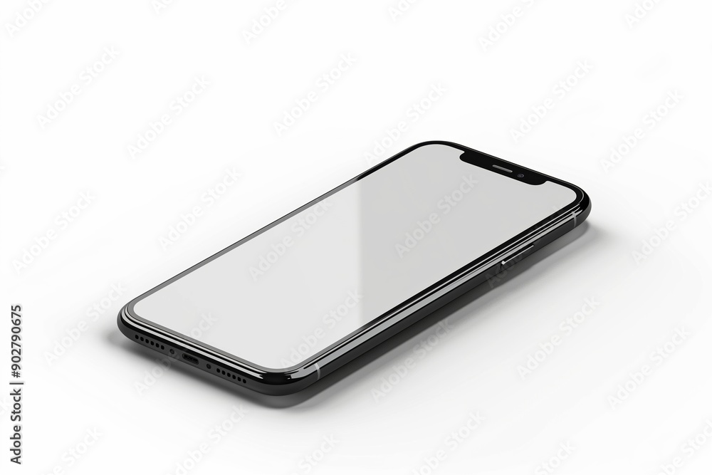 Poster modern smartphone with a sleek design and edge-to-edge display placed on a white surface.
