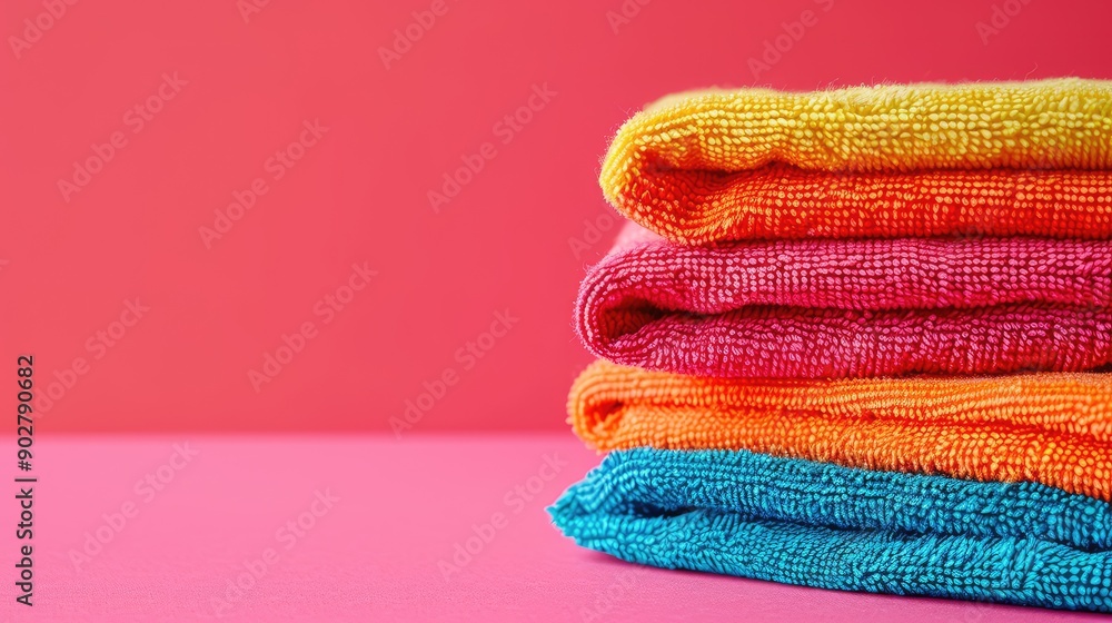 Poster a stack of colorful towels on a pink background. the towels are arranged in a pyramid shape, with th