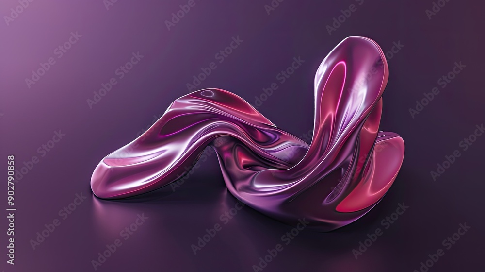 Poster artistic 3d object with fluid curves, set on a dark purple background, creating a sense of movement 