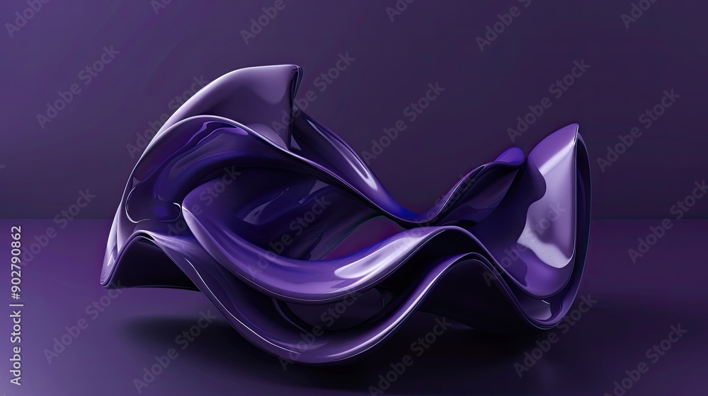Poster artistic 3d object with fluid curves, set on a dark purple background, creating a sense of movement 