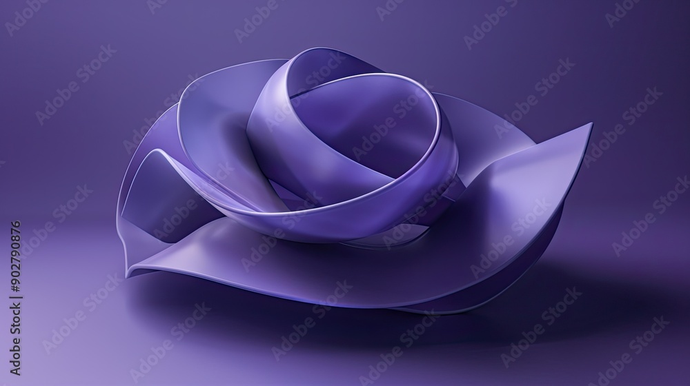 Poster artistic 3d object with fluid curves, set on a dark purple background, creating a sense of movement 