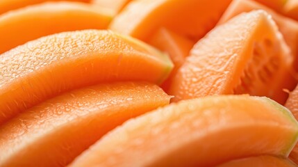 Close-up view of freshly sliced cantaloupe, highlighting the juicy, bright orange flesh and inviting texture, arranged for a delightful, refreshing treat.