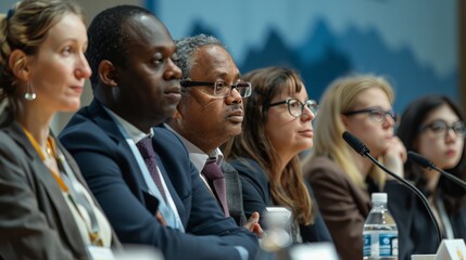 A diverse panel of experts discussing sustainability at an international conference