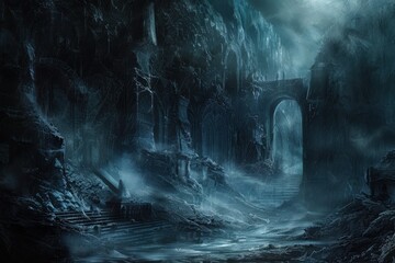 Fototapeta premium Ancient castle ruins shrouded in mist and moonlight