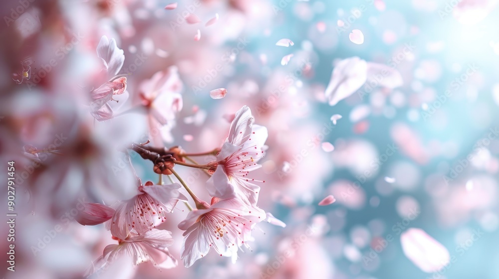 Poster a scene of cherry blossom flowers with petals scattering in the soft light, creating a dreamy and et