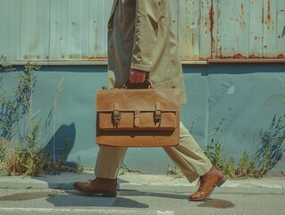 Vintage-Clad Artist Walks with Leather Portfolio Case on a Rust-Decorated Street