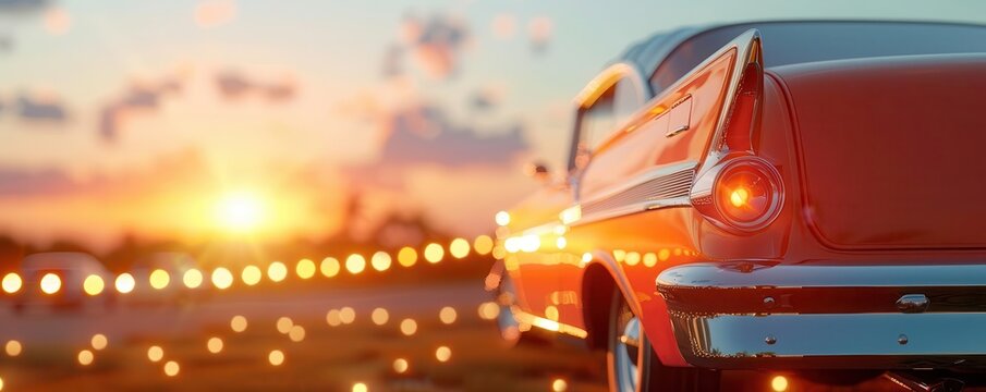 Naklejki Classic car at sunset with bokeh lights.