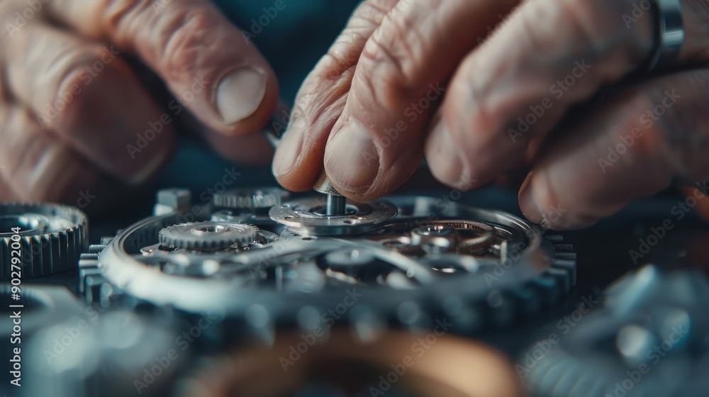 Poster detailed close-up showing hands assembling gears and various mechanical parts, depicting the intrica