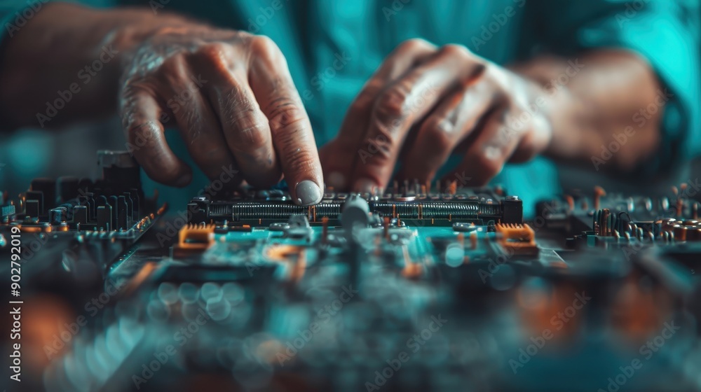Poster a detailed close-up capturing hands working meticulously on an intricate electronic circuit board, d