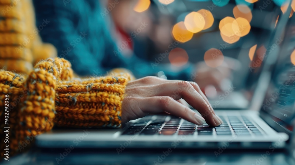 Poster close-up scene showing hands typing on a laptop keyboard in a modern workspace, highlighting the use