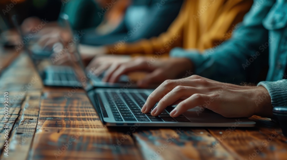 Poster a row of individuals typing on their laptops on a rustic wooden desk, illustrating teamwork and coll