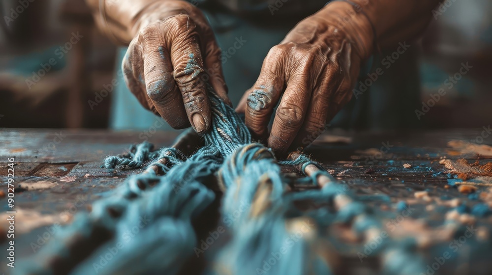 Poster a macro shot capturing hands entwined with blue threads as they weave, representing the intertwining
