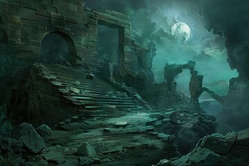 Ancient ruins of a forgotten civilization shrouded in moonlight