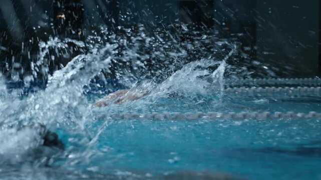 Tracking slowmo shot of two sportive men racing in indoor pool with lanes during swimming training