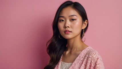 A stylish young woman with long hair and hoop earrings poses confidently against a pink backdrop, exuding elegance and poise.
