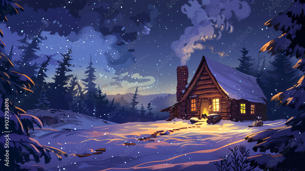 Poster warm and inviting log cabin is nestled in a snow covered forest as snow falls from the night sky