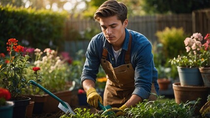 A young man tends to plants in a lush, vibrant backyard garden, focused on cultivating a healthy and thriving environment.
