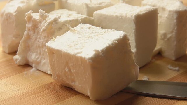 Knife cuts pieces of feta cheese on a wooden board. High quality 4k footage