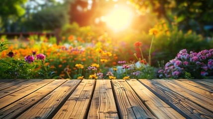 Flowers in the garden sunset light summer wooden floor in the backyard