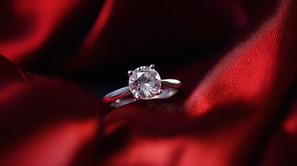 Obraz premium Jewellery, proposal and holiday gift, diamond engagement ring on red silk fabric, symbol of love, romance and commitment inspiration