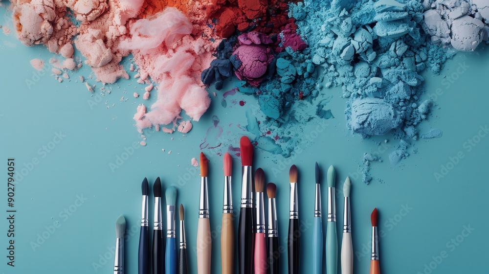 Poster various paintbrushes of different sizes and colors are arranged in a row with scattered powder pigme