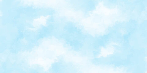 blue sky with clouds. Light sky blue shades watercolor background. Sky Nature Landscape Background. sky background with white fluffy clouds.><	
