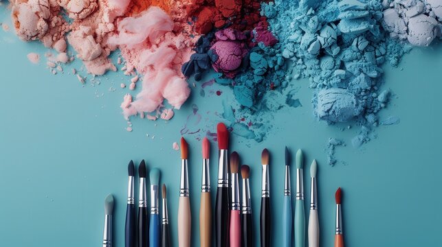 Various paintbrushes of different sizes and colors are arranged in a row with scattered powder pigments, displaying a vibrant and artistic workspace setup.