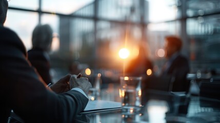 A business meeting occurs at sunset within a modern glass office, high-lighting the harmony between the corporate environment and nature, with focus on collaboration and strategic planning.