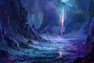 Obraz premium Mysterious Alien Landscape with Towering Rock Formations and Glowing Energy