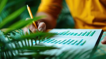 A close-up of a person’s hand writing with a pencil on a document filled with green graphs, surrounded by a lush plant, highlighting analysis and statistical data handling.