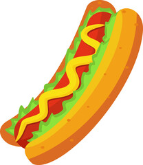 Colorful Hot dog with mustard and lettuce illustration isolated on white background, doodle for drawing