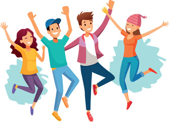 Three happy friends jumping together with arms raised