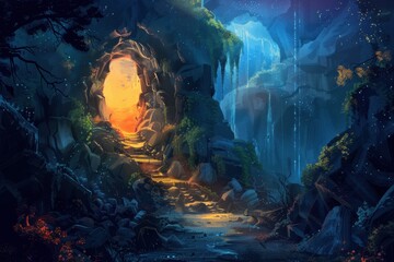 Mysterious cavern entrance with glowing yellow portal and blue waterfalls