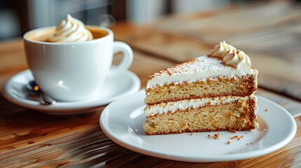 A slice of cake is on a plate next to a cup of coffee. The cake is topped with whipped cream and looks delicious