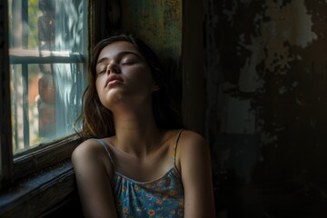 Fototapeta premium A young woman sits by an open window, eyes closed in meditation