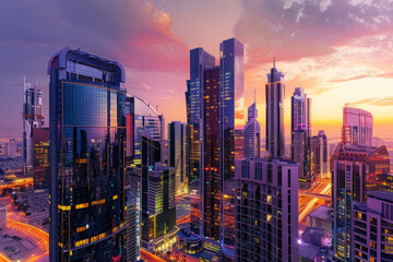 Obraz premium Aerial view of vibrant cityscape with illuminated skyscrapers against dramatic sunset sky. Office buildings in downtown and glowing city streets in the night. Nightlife of modern metropolis