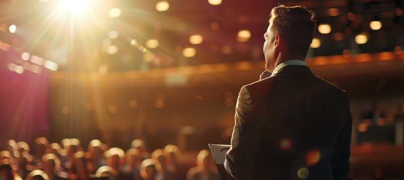 Inspiring speakers are speaking on stage to a large audience in an engaging seminar atmosphere.