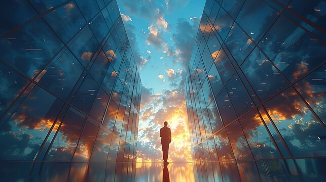 A lone individual walks between mirrored glass buildings reflecting a beautiful sunset, creating a surreal and contemplative atmosphere of modern life and solitude. - Powered by Adobe