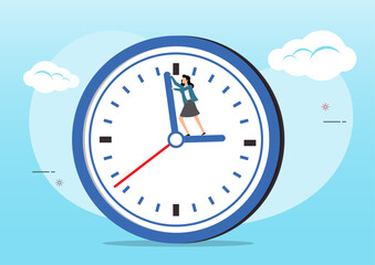 Businesswoman standing on clock hour hand