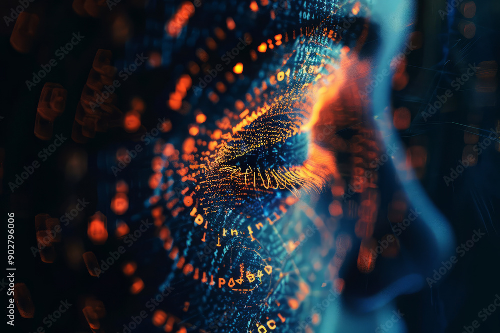 Poster abstract digital data forming face of person. concepts of facial recognition, artificial intelligenc