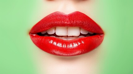 A woman's lips are painted red and she is smiling. Concept of confidence and boldness