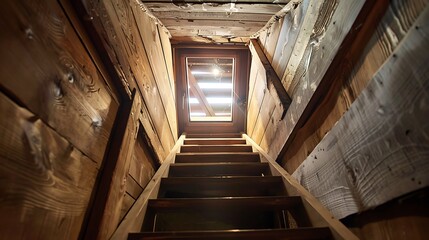 Folding metal stairs to the attic in the ceiling closed hatch with a tube for opening modern look