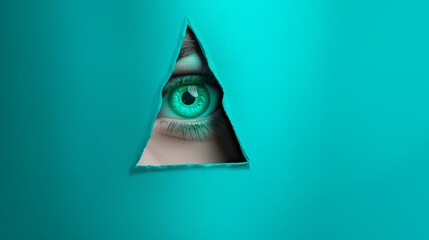 A woman's eye is shown through a triangular hole in a blue background