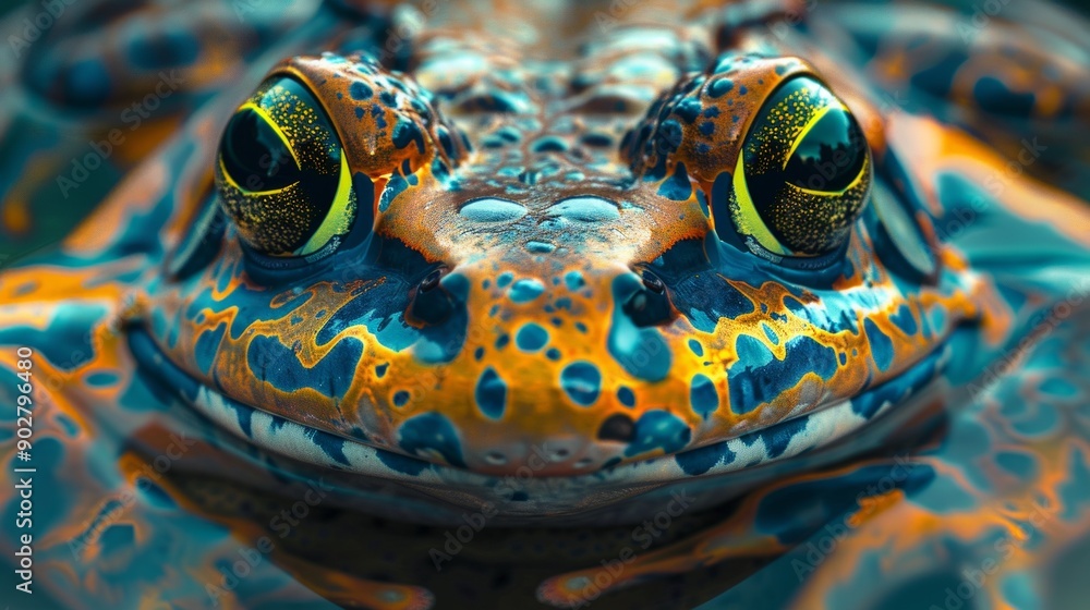 Poster close-up of a colorful frog with striking patterns and expressive eyes. macro photography style high