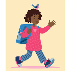 The vector illustration of a little black girl with a bright smile, wearing a vibrant yellow backpack, going to scool. Textured. For sticker or educational decal, postcard, book