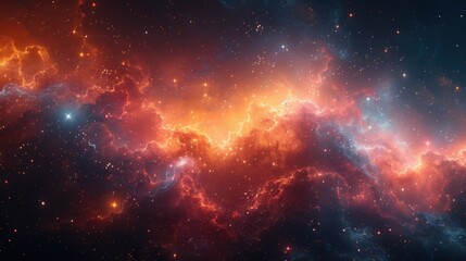 Fototapeta premium Cosmic Nebula - Illustration of a vibrant celestial space scene with swirling clouds of gas, bright stars, and a fiery orange glow